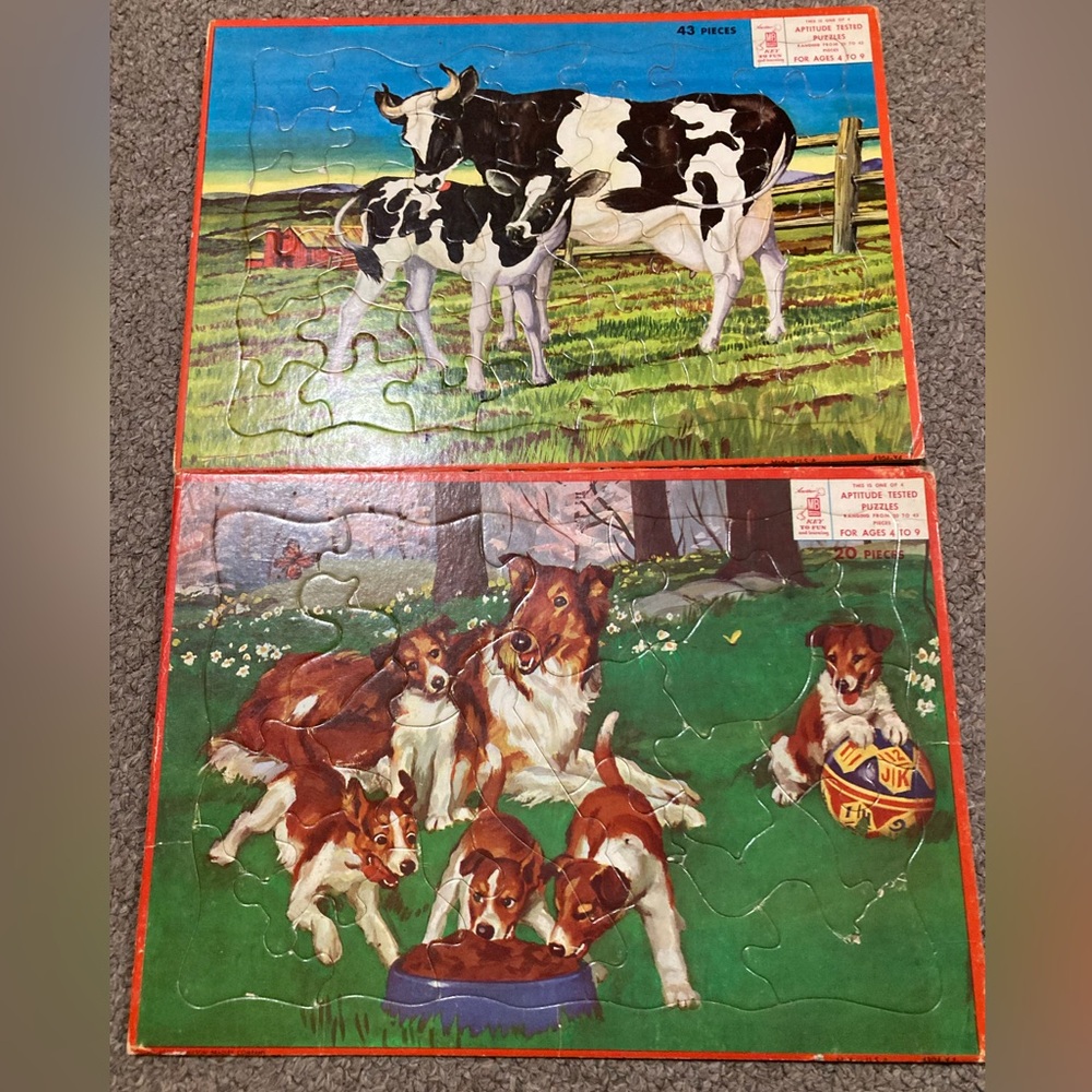 1950’s Vintage Farm Animal Tray Puzzle Cow/Calf And Dog/Puppies Lot of 2